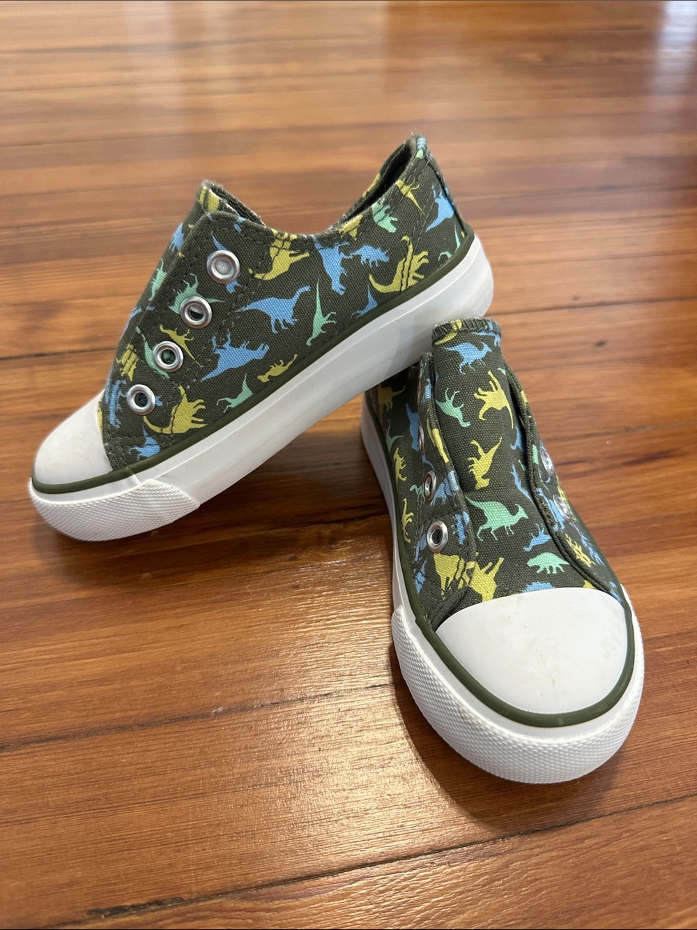 Kids Olive Green Dinosaur Slip-On Canvas Sneakers